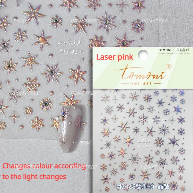 Shiny Snow Delicate Gold Pink Silver White Romantic Winter Self Adhesive Nail Art Stickers Snowflake Rhinestone Manicure Decals (ONLINE ORDER ONLY)