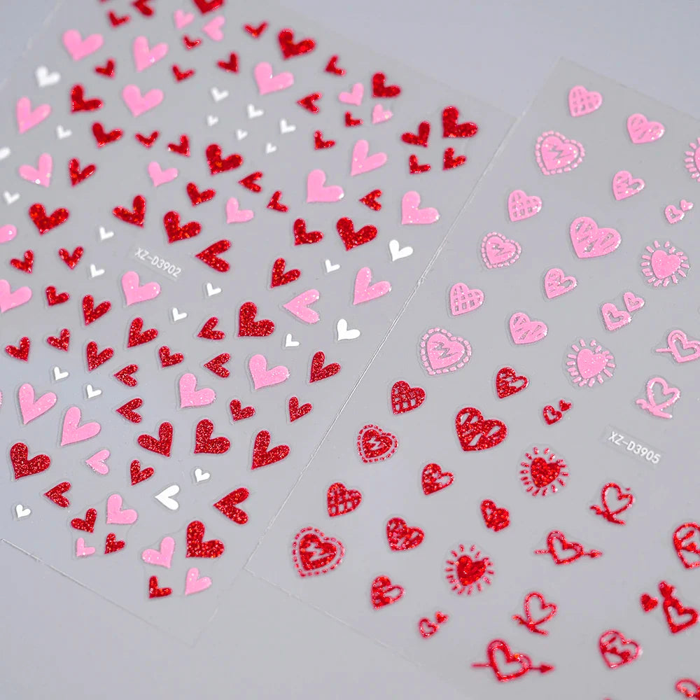 1Pc Red Pink White Heart Bow Nail Art Stickers with Glitter Sequins 5D Self Adhesive Nail Decorations Slider Decals DIY Manicure (ONLINE ORDER ONLY)