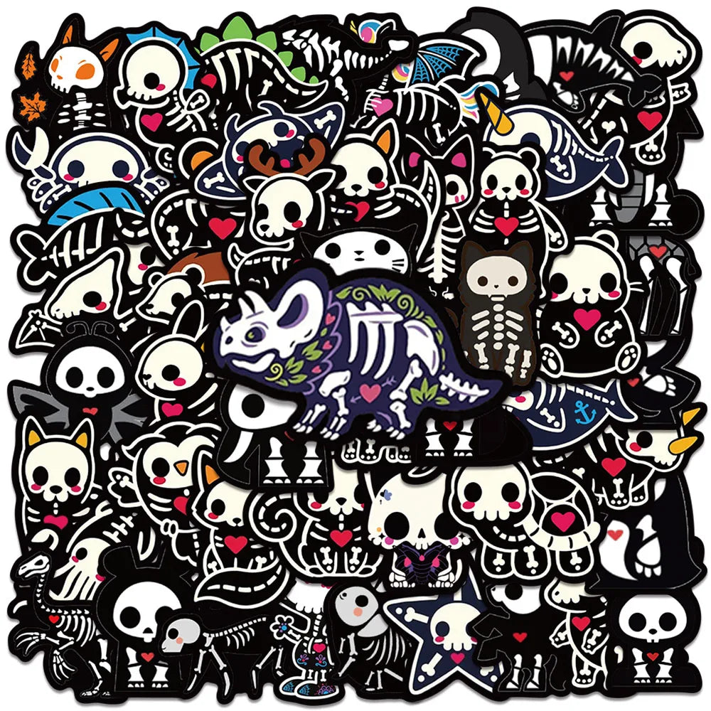 50pcs Black White Cartoon Animals Skeleton Skull Stickers Cute Horror Water Bottle Sticker Luggage Laptop Guitar Vinyl Decals (ONLINE ORDER ONLY)