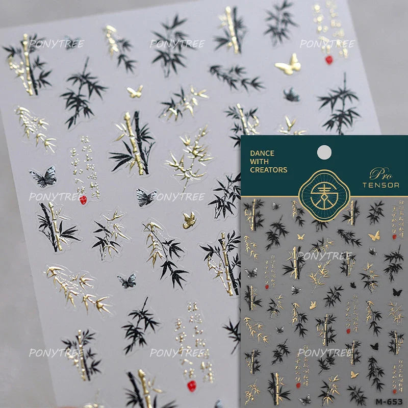 Antique Bamboo Leaf Hot Stamping Plant Botany Calligraphy Characters Self Adhesive Nail Art Stickers Rhinestone Manicure Decals (ONLINE ORDER ONLY)