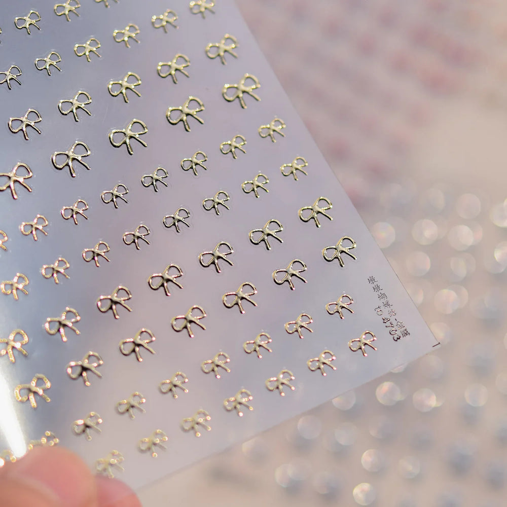 Shiny Pink Silver Gold Bowknot Tie Line Mini Delicate 3D 5D Self Adhesive Nail Art Stickers Embossment Rhinestone Manicure Decal (Online Order Only)