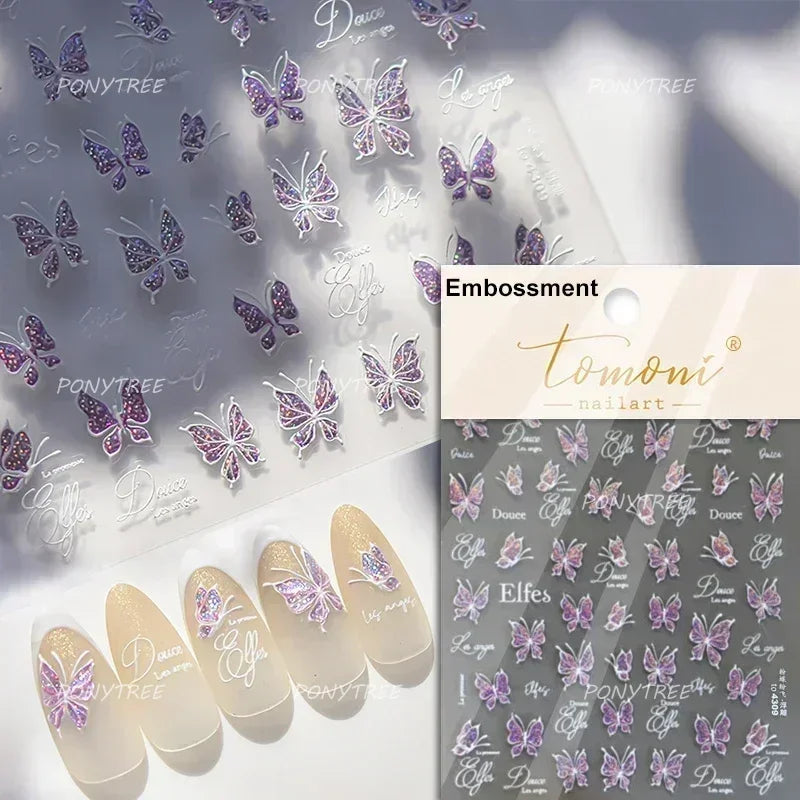 Charming Delicate Sapphire Color Blue Black Stroke Butterfly Jelly Relief Rhinestone Adhesive Nail Art Stickers Manicure Decals (Online Order Only)