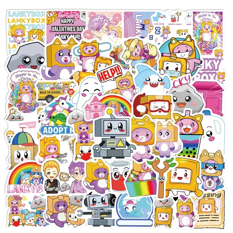 50pcs Lankybox Cartoon Stickers for Laptop, Phone, Car, Scooter, Water Bottle, Suitcase, Stationery, Refrigerator Decoration (Online Order Only)