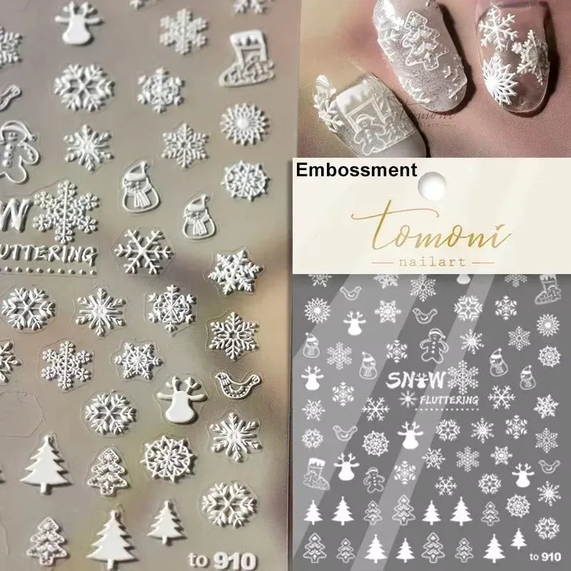 Hot Stamping Romantic White Gold Snowflakes Hexagon Winter 3D Self Adhesive Nail Art Stickers Shiny Rhinestone Manicure Decals (Online Order Only)
