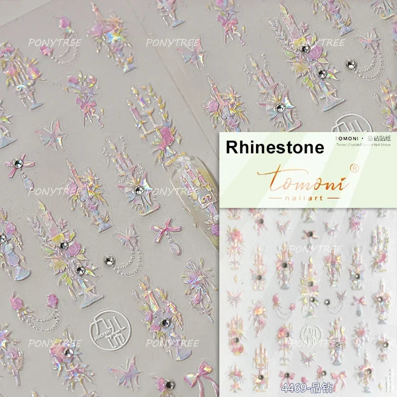 Retro Candlestick Holder Rose Rambler Birdcage Photo Frame Lace Self Adhesive Nail Art Sticker Charm Rhinestone Manicure Decal (Online Order Only)