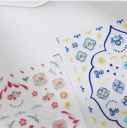 Pink Blue Yellow Embroidery Totems Geometric Floral Pattern Flower 5D Embossed Nail Art Stickers Bohemian Style Manicure Decals (ONLINE ORDER ONLY)