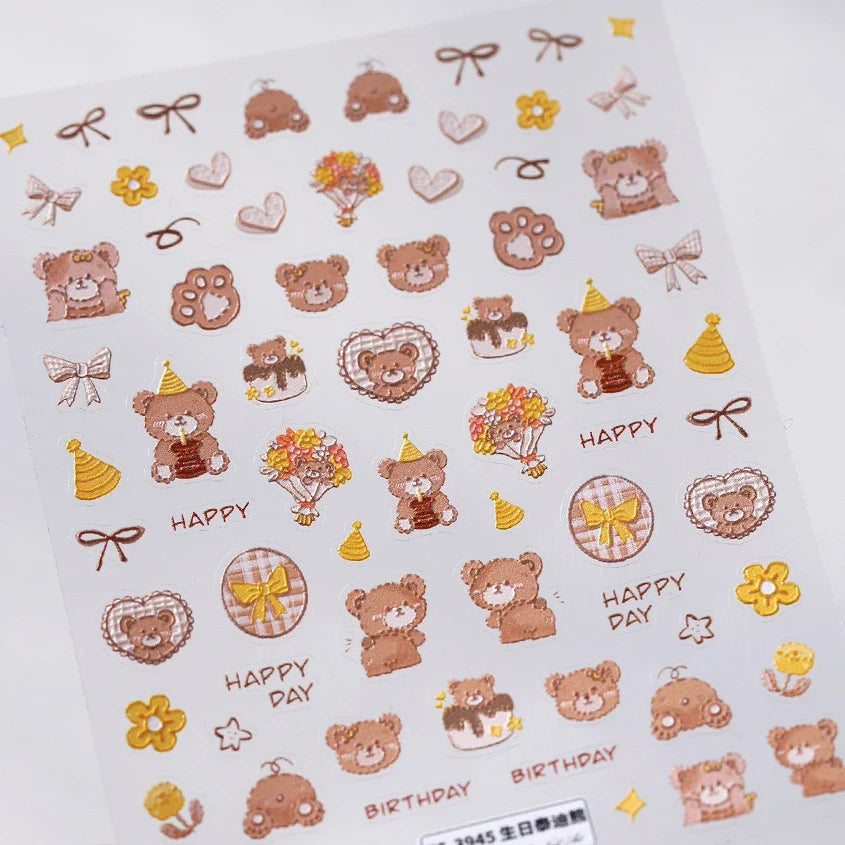 Cute Bear Teddy Birthday Party Maillard Bear Cake Flower Bouquet Lucky Love Heart 5D Adhesive Nail Art Sticker Manicure Decals (Online Order Only)