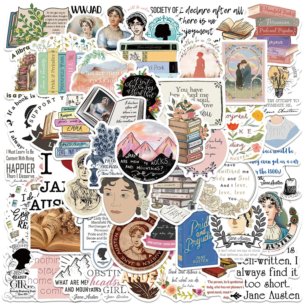 Jane Austen Book Cartoon Stickers 50PCS Skateboard Notebook Fridge Phone Bike Luggage Decals (Online Order Only)