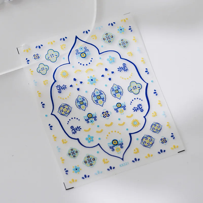 Pink Blue Yellow Embroidery Totems Geometric Floral Pattern Flower 5D Embossed Nail Art Stickers Bohemian Style Manicure Decals (ONLINE ORDER ONLY)