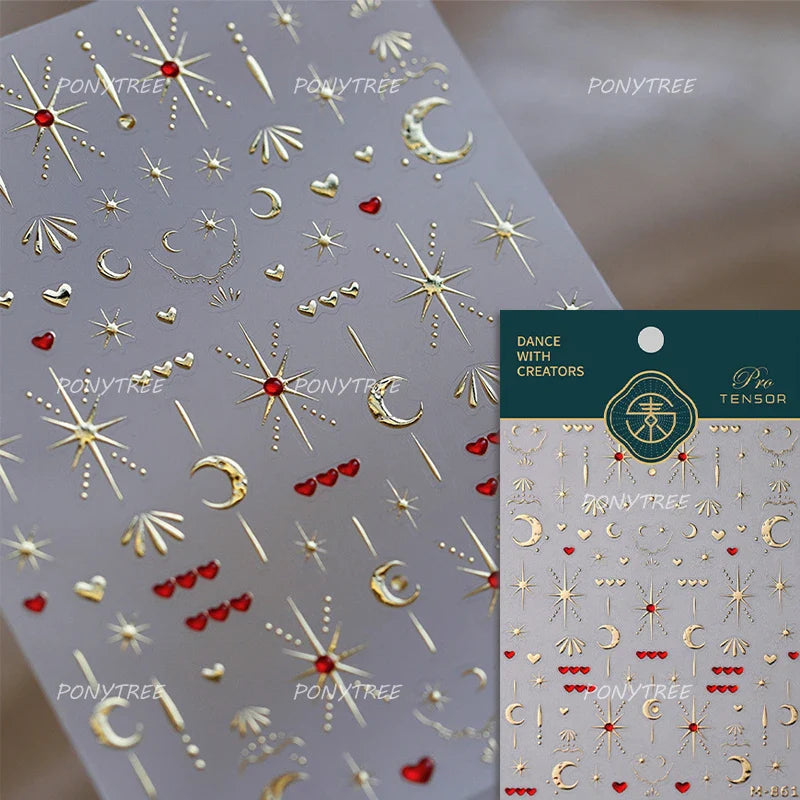 Pink Bowknot Star Moon Starburst Sun Polar Day Polar Night Sword Rose Flower Wreath Adhesive Nail Art Stickers Manicure Decals (ONLINE ORDER ONLY)