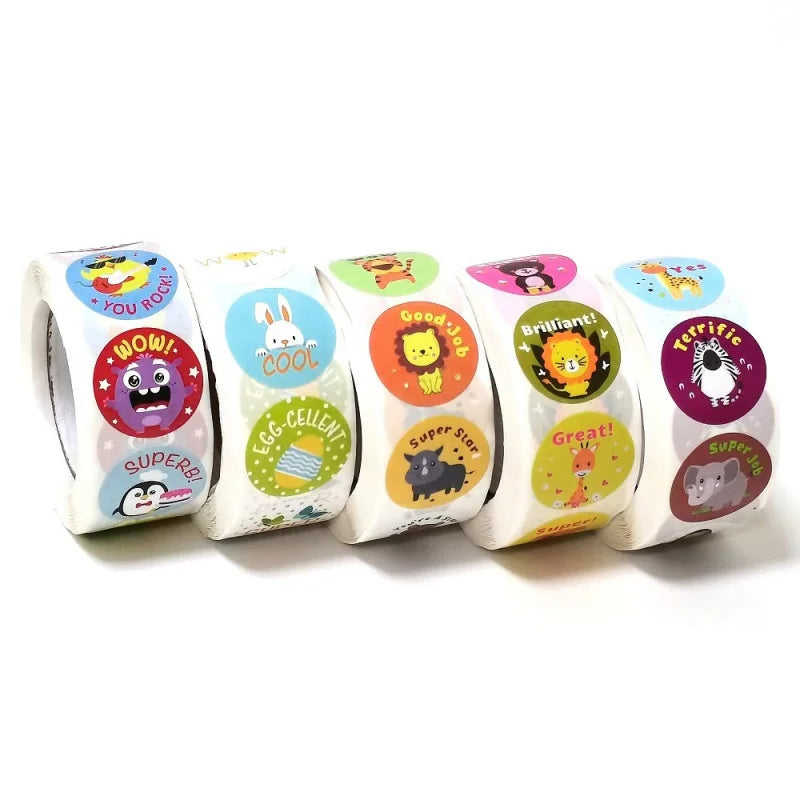 500 Pcs/Roll English Cartoon Animal Stickers Teacher Reward Students Stickers Self-adhesive Stationery Stickers (Online Order Only)