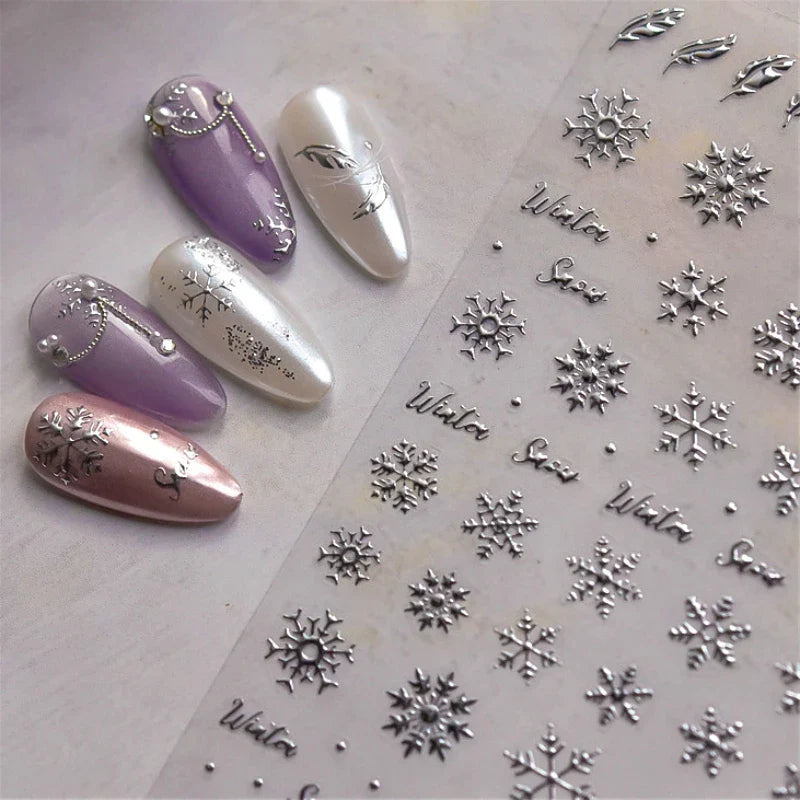 Hot Stamping Romantic White Gold Snowflakes Hexagon Winter 3D Self Adhesive Nail Art Stickers Shiny Rhinestone Manicure Decals (Online Order Only)