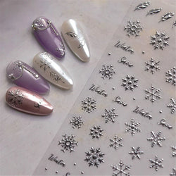 Hot Stamping Romantic White Gold Snowflakes Hexagon Winter 3D Self Adhesive Nail Art Stickers Shiny Rhinestone Manicure Decals (Online Order Only)