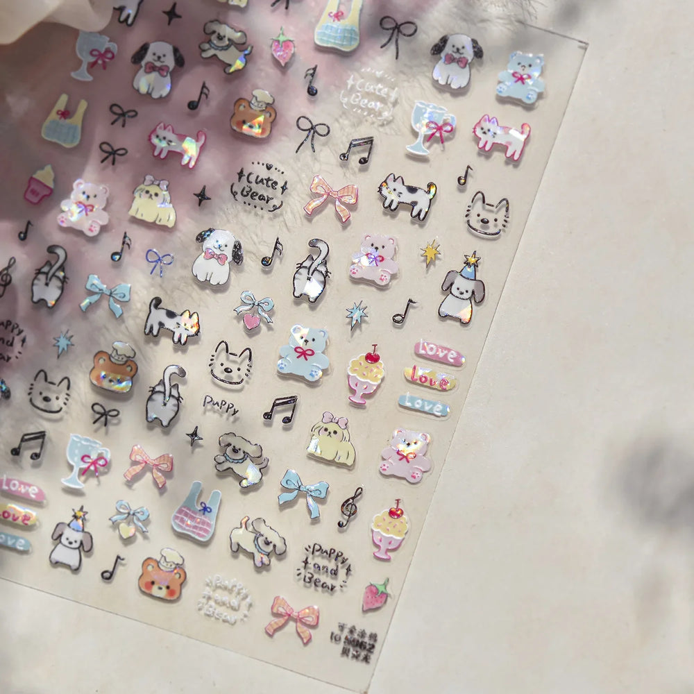 Graffiti Bear Cat Kitten Dog Puppy Bowknot Cake Tulip Note Star Cherry Cup Adhesive Nail Art Decoration Sticker Manicure Decals (ONLINE ORDER ONLY)