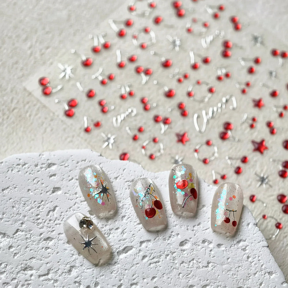 Lovely Mini Red Cherry Jelly Star Sun Fruit Charming Silver 3D 5D Self Adhesive Nail Art Stickers Cute Manicure Decals Wholesale (ONLINE ORDER ONLY)