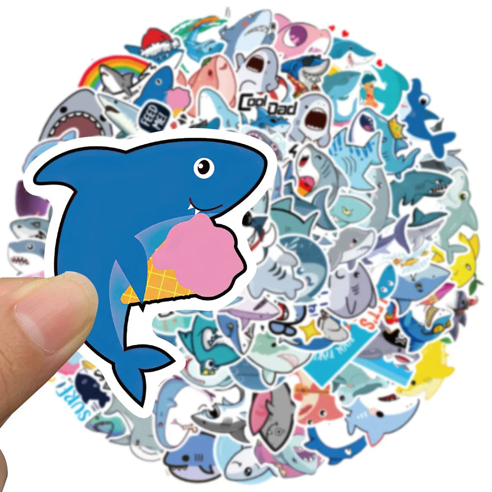 50/100pcs Cute Cartoon Animals Sharks Stickers For Laptop Water Bottle Fridge Waterproof Graffiti Skateboard Car Decals (ONLINE ORDER ONLY)