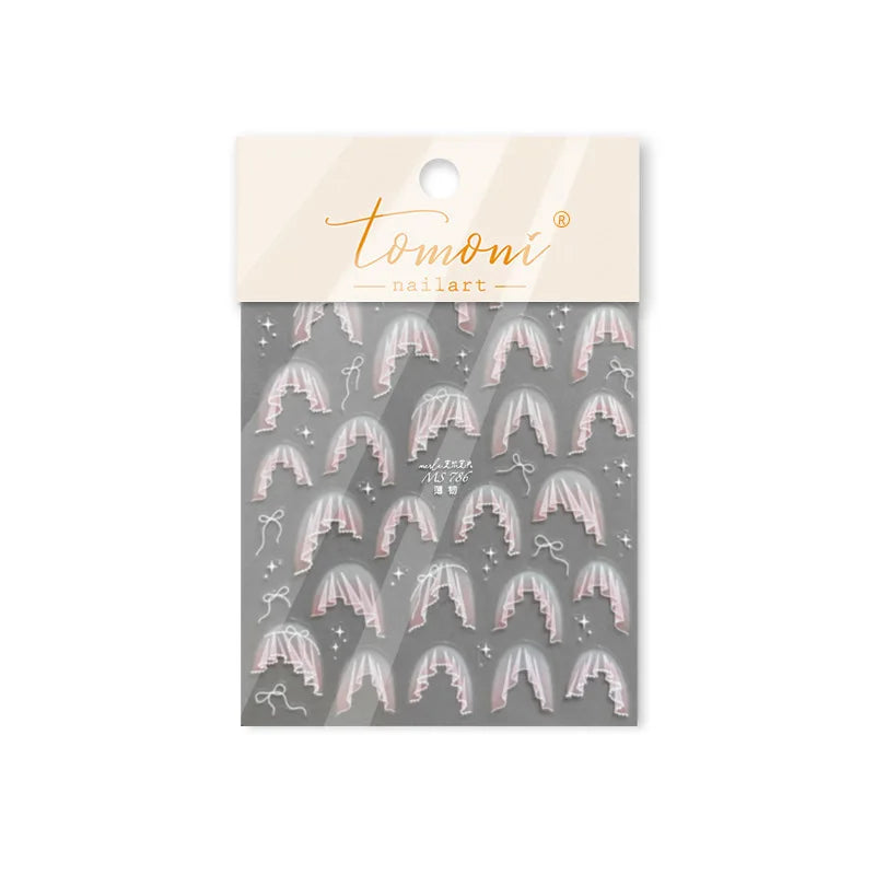 French Skirt Hem Halo Dyeing Purple Pink White Hemline Bowknot Wedding Veil Dreamy Star Adhesive Nail Art Sticker Manicure Decal (ONLINE ORDER ONLY)