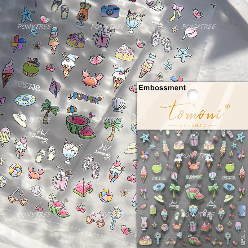 Summer Beach Bikini Watermelon Strawberry Ice Cream Soda Coconut Tree Fan Juice Crab Nail Art Decoration Stickers Manicure Decal (ONLINE ORDER ONLY)