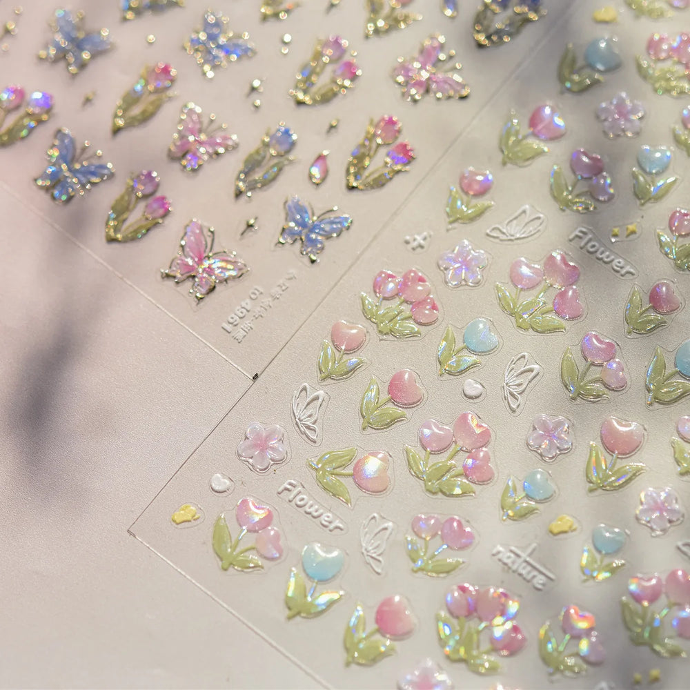 Cute  Pink Blue Nature Tulip Star Heart Butterfly Peach Blossom Jelly Embossed Relief Adhesive Nail Art Stickers Manicure Decals (ONLINE ORDER ONLY)