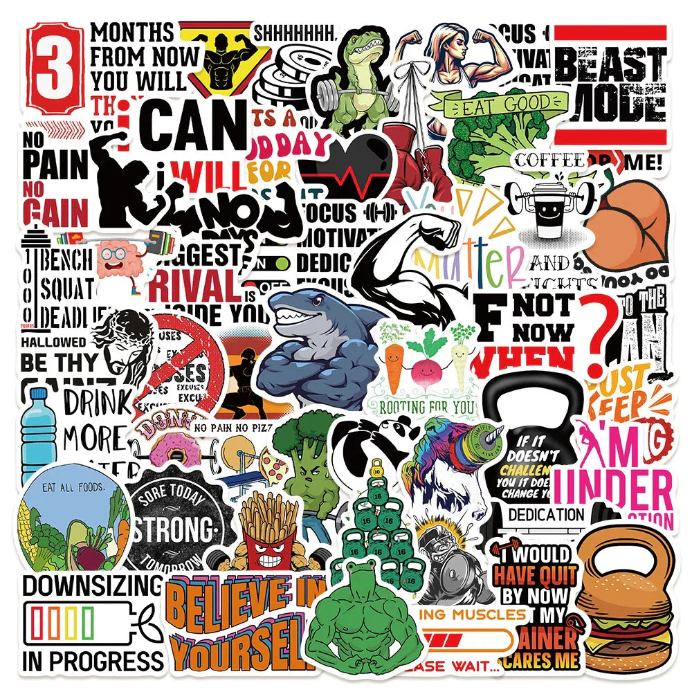 Cartoon Fitness Motivation Stickers - Waterproof for Skateboard, Laptop, Motorcycle, Luggage (10/30/50pcs) (Online Order Only)