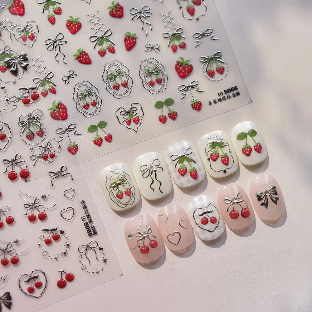 Lovely Red Fruit Strawberry Cherry Bowknot Love Heart Star Silk Ribbon Chic Rhinestone Adhesive Nail Art Stickers Manicure Decal (ONLINE ORDER ONLY)