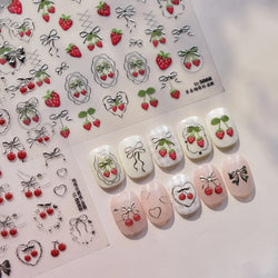 Lovely Red Fruit Strawberry Cherry Bowknot Love Heart Star Silk Ribbon Chic Rhinestone Adhesive Nail Art Stickers Manicure Decal (ONLINE ORDER ONLY)