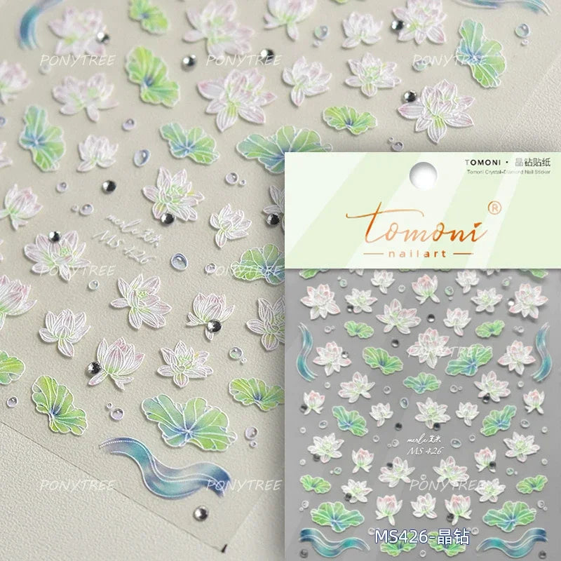 Retro Blue Lotus Flower Arrangement Vase Lantern Totem Pattern Bamboo Leaf Self Adhesive Nail Art Stickers Shiny Manicure Decals (ONLINE ORDER ONLY)