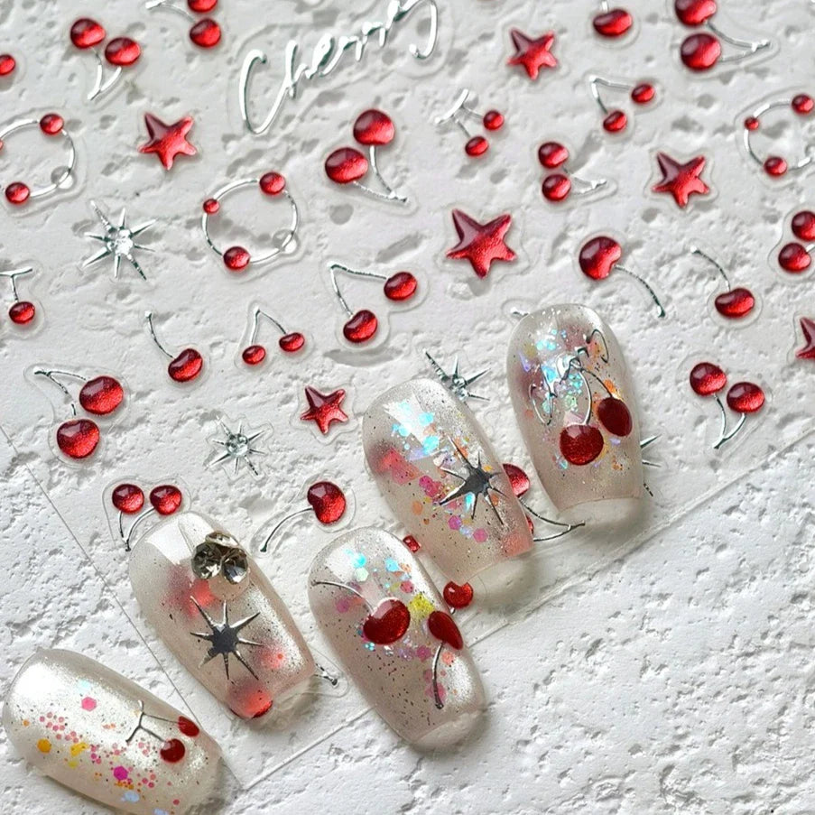 Lovely Mini Red Cherry Jelly Star Sun Fruit Charming Silver 3D 5D Self Adhesive Nail Art Stickers Cute Manicure Decals Wholesale (ONLINE ORDER ONLY)