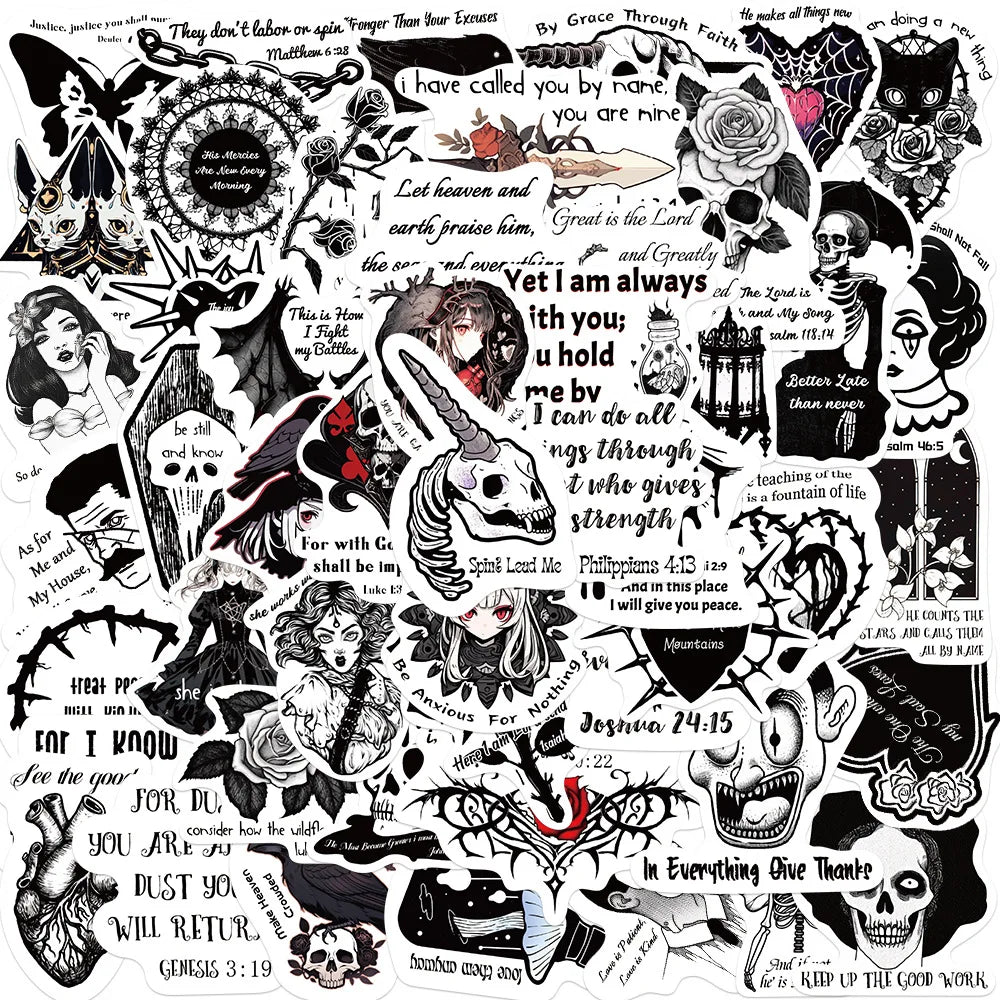 10/30/50PCS Horror Black White Bible Phrase Stickers Funny Jesus Decals Decoration Waterproof Laptop Stationery Bike DIY Toys (ONLINE ORDER ONLY)