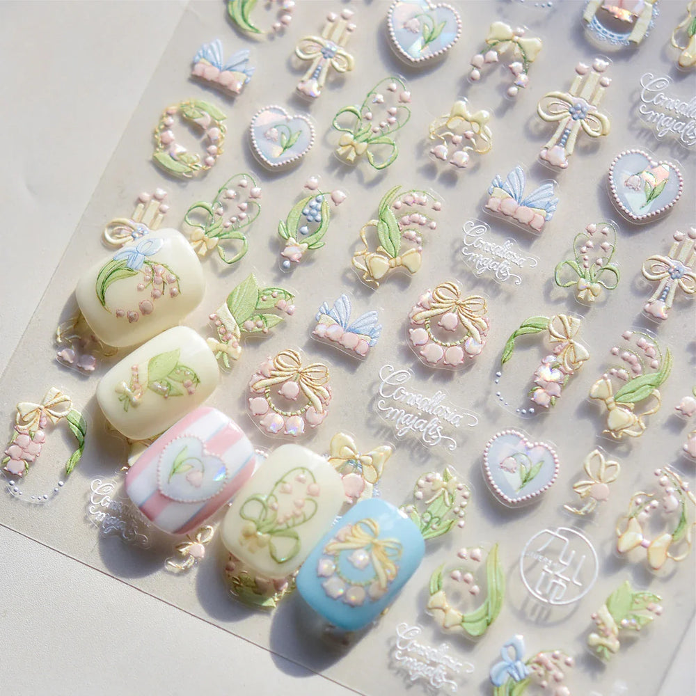 Spring Pink Lily of The Valley Flowers Blooming Blue Bowknot Heart 5D Soft Relief Self Adhesive Nail Art Sticker Manicure Decals (Online Order Only)
