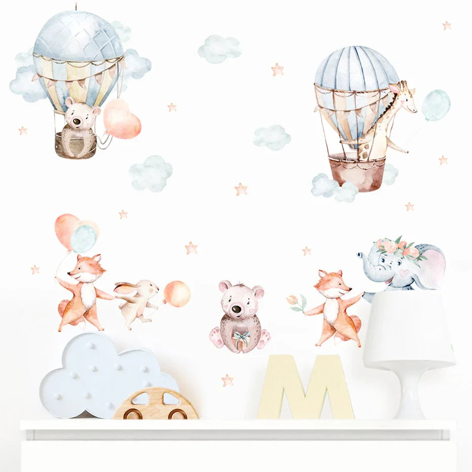 Cartoon Elephant Fox Bear Hot Air Balloon Nursery Wall Decals Removable Vinyl Watercolor Kids Room Decor (Online Order Only)