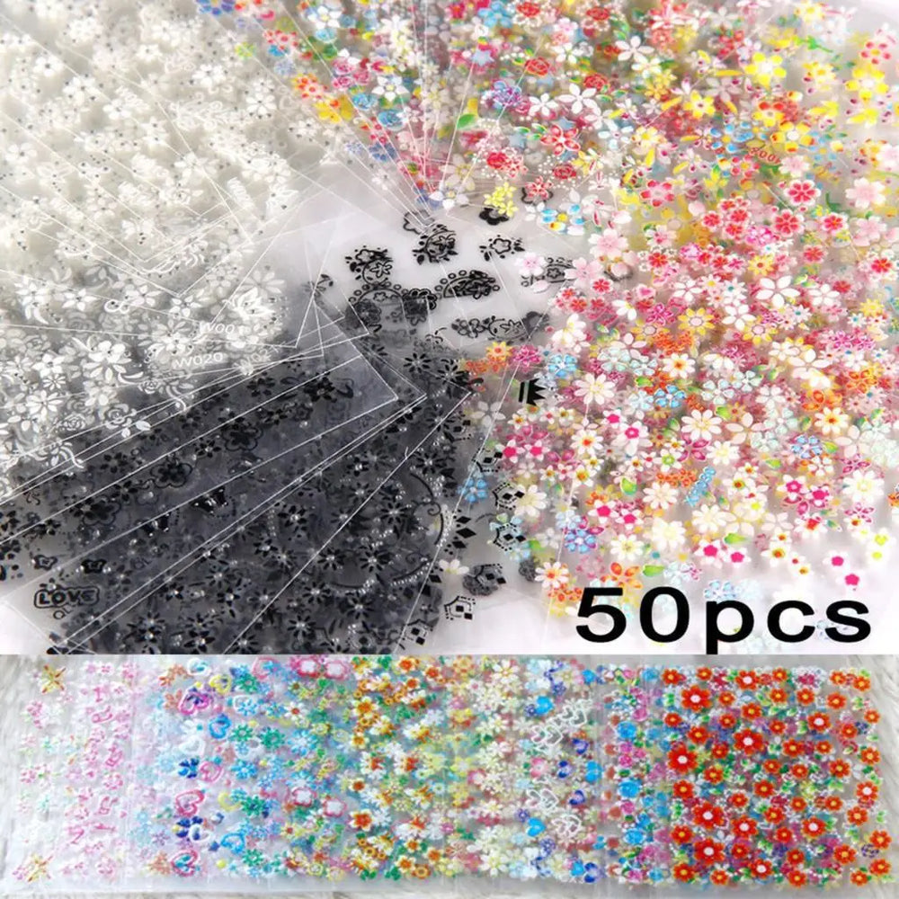 50 Sheets! 3D Flower Nail Art Stickers Decals NOT Repeat Black/White/Colorful Self Adhesive Nail Sticker Decals Random Pattern * (ONLINE ORDER ONLY)