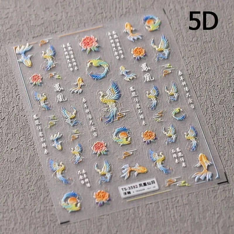 Charming Red Rose Phoenix Flower Wing Leaves Flower Feather Pearl Relief Embossed 5D Adhesive Nail Art Stickers Manicure Decals (ONLINE ORDER ONLY)