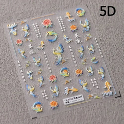 Charming Red Rose Phoenix Flower Wing Leaves Flower Feather Pearl Relief Embossed 5D Adhesive Nail Art Stickers Manicure Decals (ONLINE ORDER ONLY)
