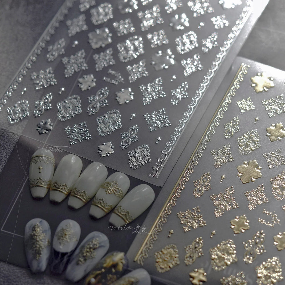 Gold Stamped Silver Totems Geometric Patterns Figure 5D Self Adhesive Nail Art Stickers Stars Bohemia Manicure Decals Wholesale (Online Order Only)