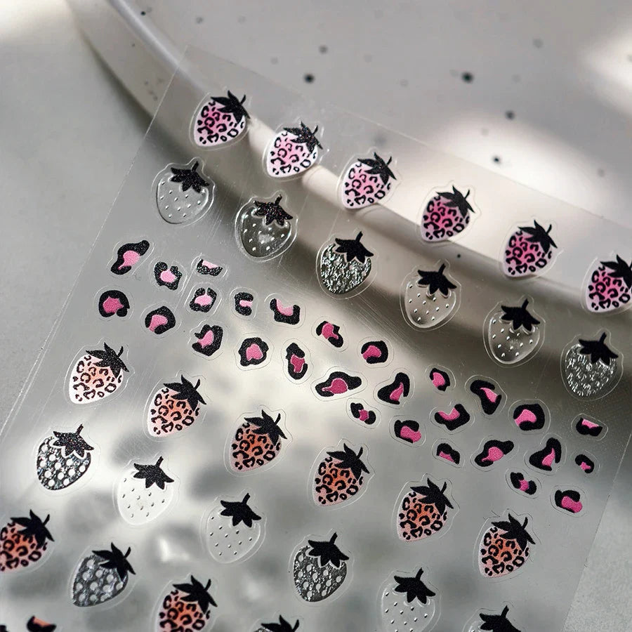 Pink Transparent Strawberry Leopard Print Metal Silver Fruit Lovely Self Adhesive Nail Art Stickers 5D Manicure Decals Wholesale (ONLINE ORDER ONLY)