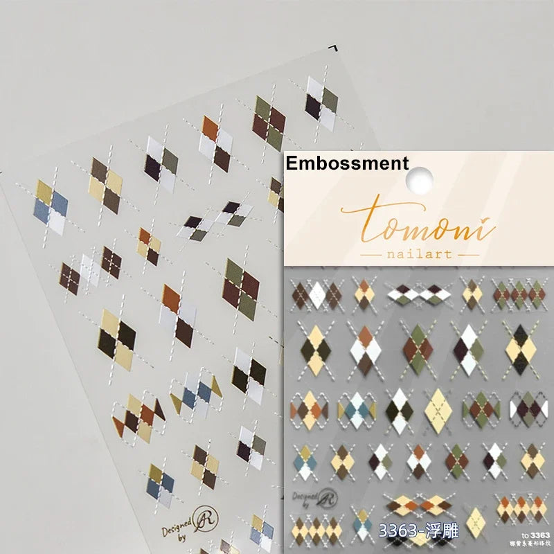 French Style Colorful Square Grid Rhombus Stripe Bowknot Line 3D Self Adhesive Nail Art Stickers Shiny Rhinestone Manicure Decal (Online Order Only)