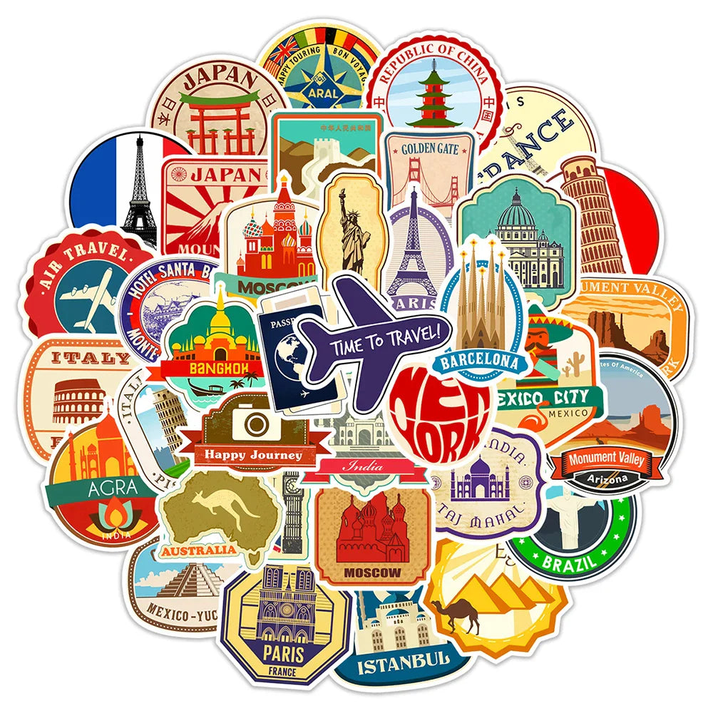 10/30/50pcs Retro Travel Landmark Building Stickers Vintage Decal Skateboard Luggage Laptop Phone Car Waterproof Sticker Kid Toy (ONLINE ORDER ONLY)