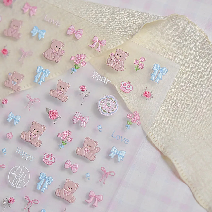 Charming Cherry's Cake Cute Bowknot Pink Blue Bear Flower Bouquet Strawberry Adhesive Nail Art Sticker Rhinestone Manicure Decal (Online Order Only)