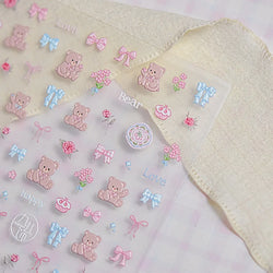 Charming Cherry's Cake Cute Bowknot Pink Blue Bear Flower Bouquet Strawberry Adhesive Nail Art Sticker Rhinestone Manicure Decal (Online Order Only)