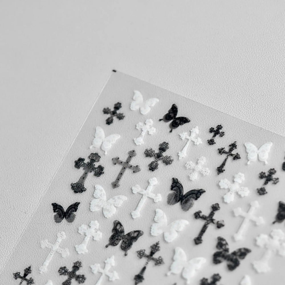 Black White Pearl Lace Butterfly Cross Retro Figure Flower Symmetric Self Adhesive Nail Art Stickers  Manicure Decals Wholesale (ONLINE ORDER ONLY)