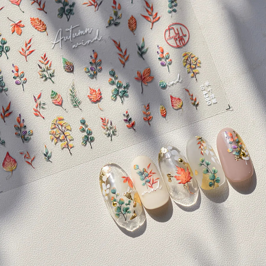 Autumn Fall Maple Leaves Ginkgo Leaf Osmanthus Chrysanthemums Rabbit Bunny Plant Flower Relief Nail Art Sticker Decoration Decal (ONLINE ORDER ONLY)