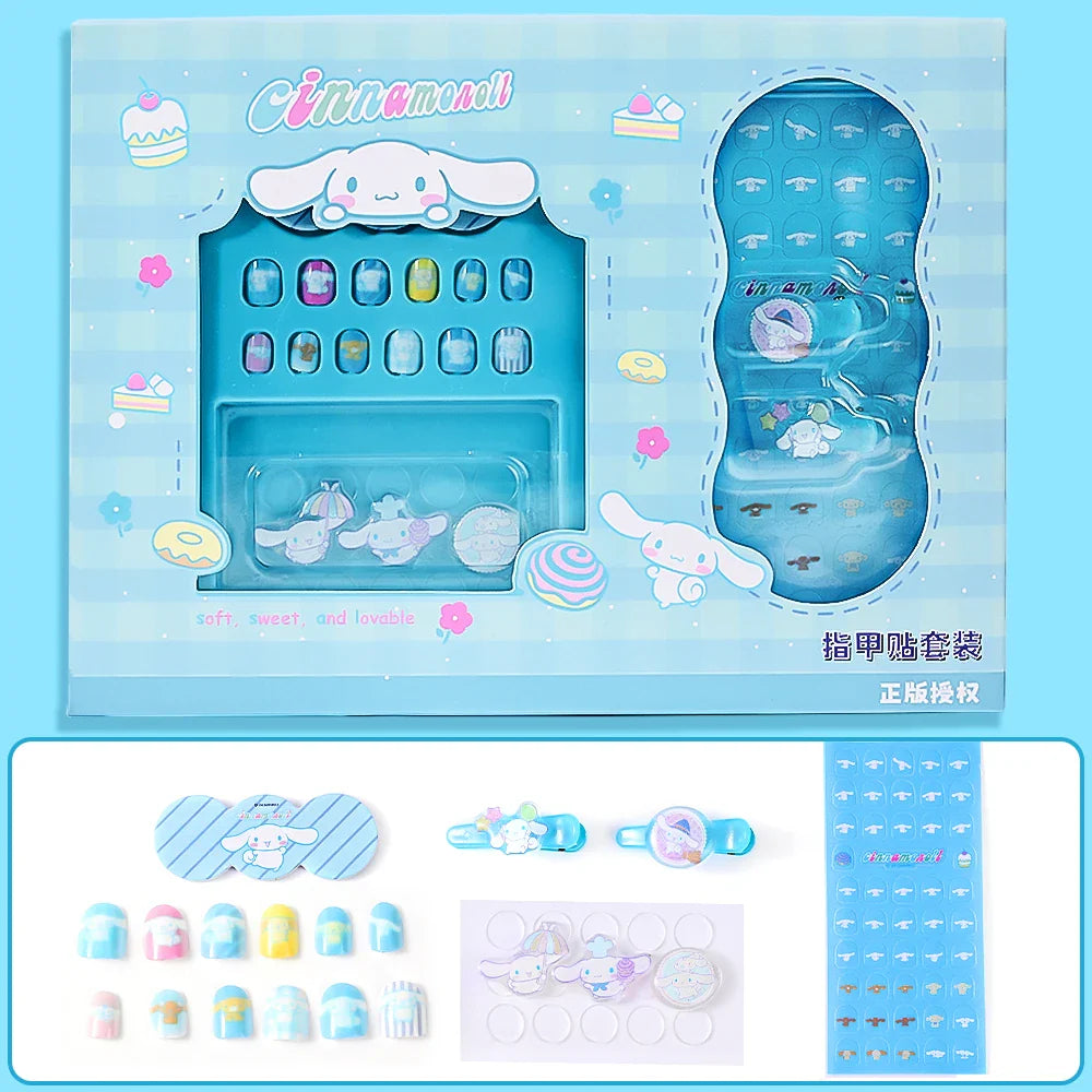 1Set(12Pcs+Jelly Glue+Stickers+Hairpin) Children Acrylic Fake Nails Kuromi Mymelody Cinnamoroll Fake Nails Non-Toxic Kid Gifts * (Online Order Only)