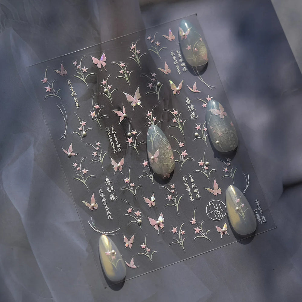 Vigorous Pink Orchid Cymbidium Antique Fragrant Thoroughwort Grass Butterfly Adhesive Nail Art Sticker Plant 3D Manicure Decals (ONLINE ORDER ONLY)