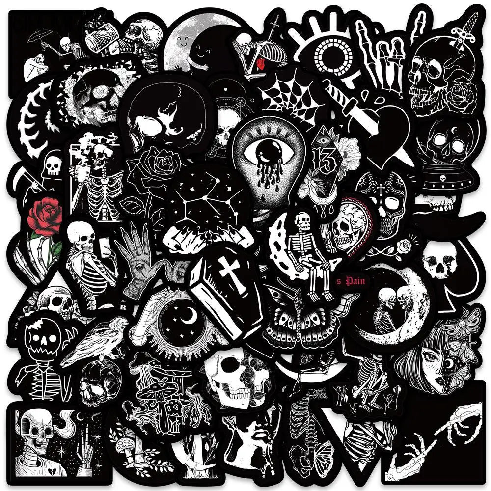 10/30/50PCS Cartoon Black and White Stickers Terrifying Skull Halloween DIY Skateboard Laptop Luggage Bike Cars Decals Sticker (ONLINE ORDER ONLY)