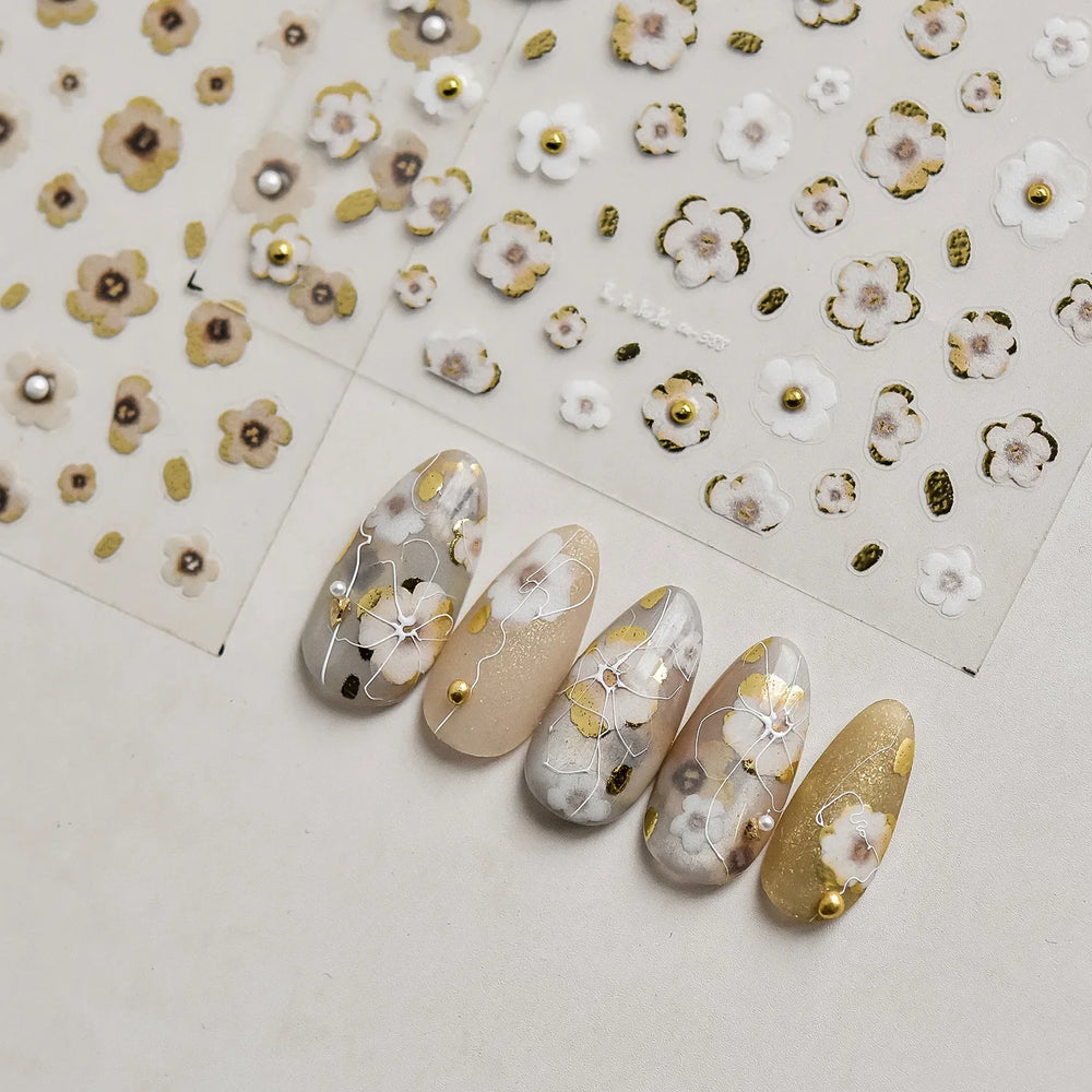 Retro Flowers Petal Pearl Rhinestones Halo Dyeing Chic Daisy Vintage Gold Foil  Floral Designs Nail Art Stickers Manicure Decals (ONLINE ORDER ONLY)