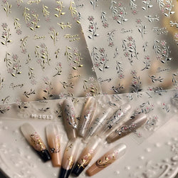 Pink Flower Hot Stamping Silver Leaves Branch Wicker Willow Plant Chic Adhesive Nail Art Decorations Stickers Manicure Decals (Online Order Only)