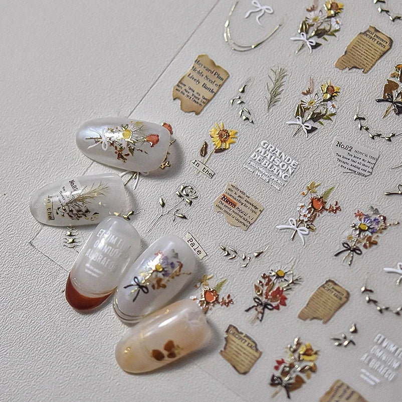 Pale Flower Bouquet Label Bowknot Stationery Sunflower Daisy Leaf 3D Self Adhesive Nail Art Stickers Rhinestone Manicure Decals (Online Order Only)