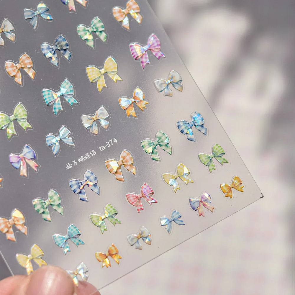 Colourful Grid Bowknot Charming Silk Ribbon Tie Chic 5D Self Adhesive Nail Art Sticker Sparkle Crystal Rhinestone Manicure Decal (ONLINE ORDER ONLY)