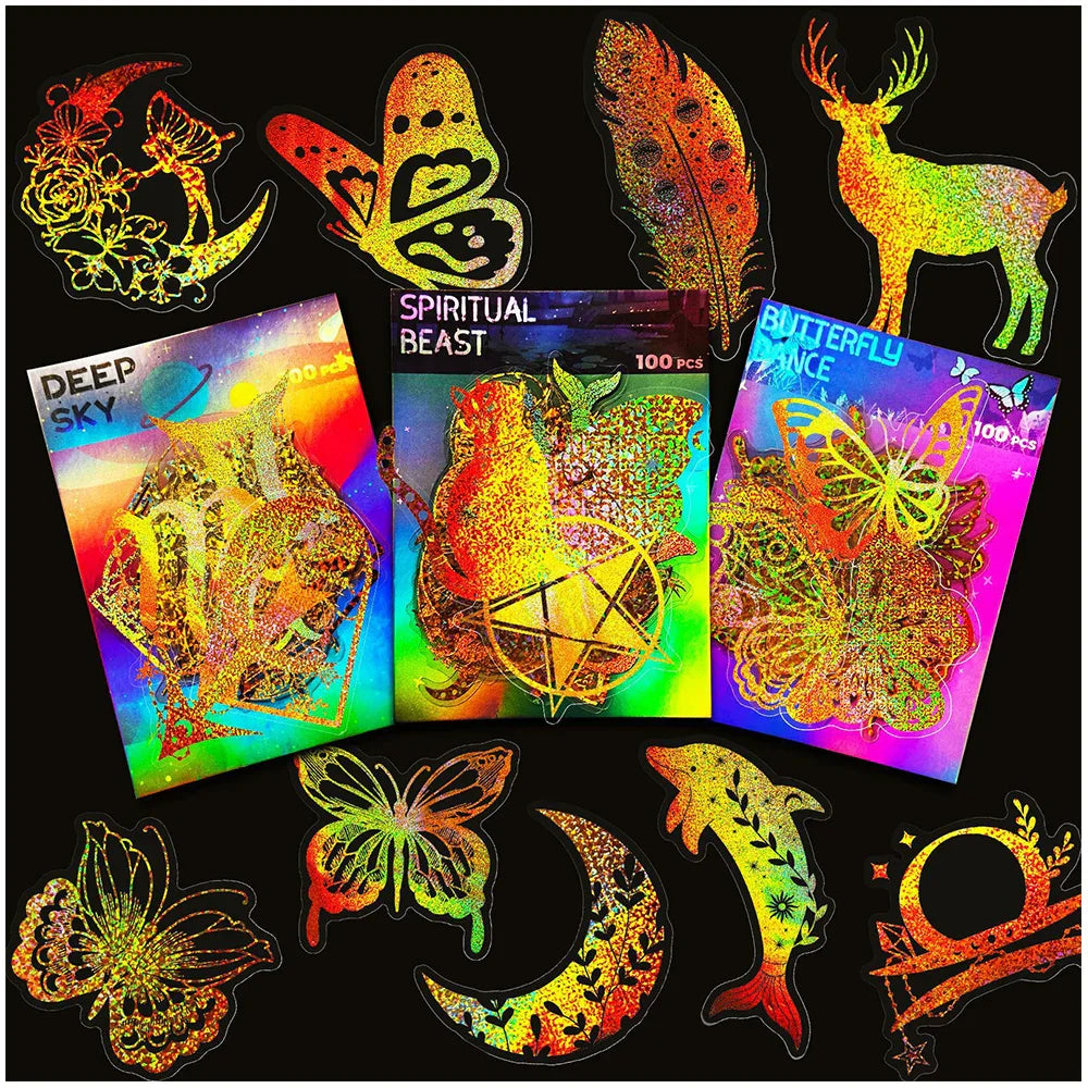 100pcs Holographic Cartoon Animal Stickers for Laptop, Phone, Wall Decoration (Online Order Only)